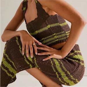 Free People Donni Sweater Set Brown Lime Green Crochet S